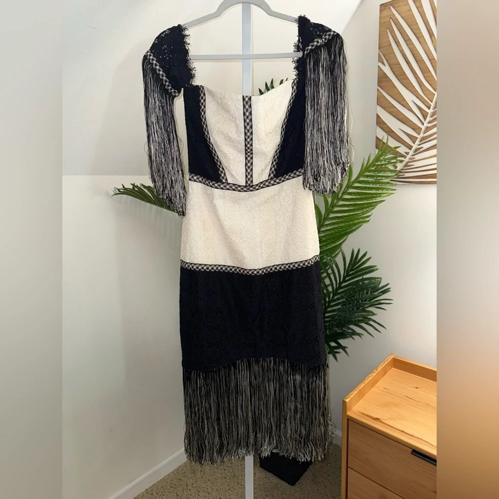 Alexis Antoinette Embroidered Fringed‎ Midi Dress Black/White Small
